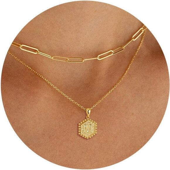 Elegant 18K Gold Layered Initial Necklaces for Women with Hexagon Charm, Perfect - Picture 1 of 7